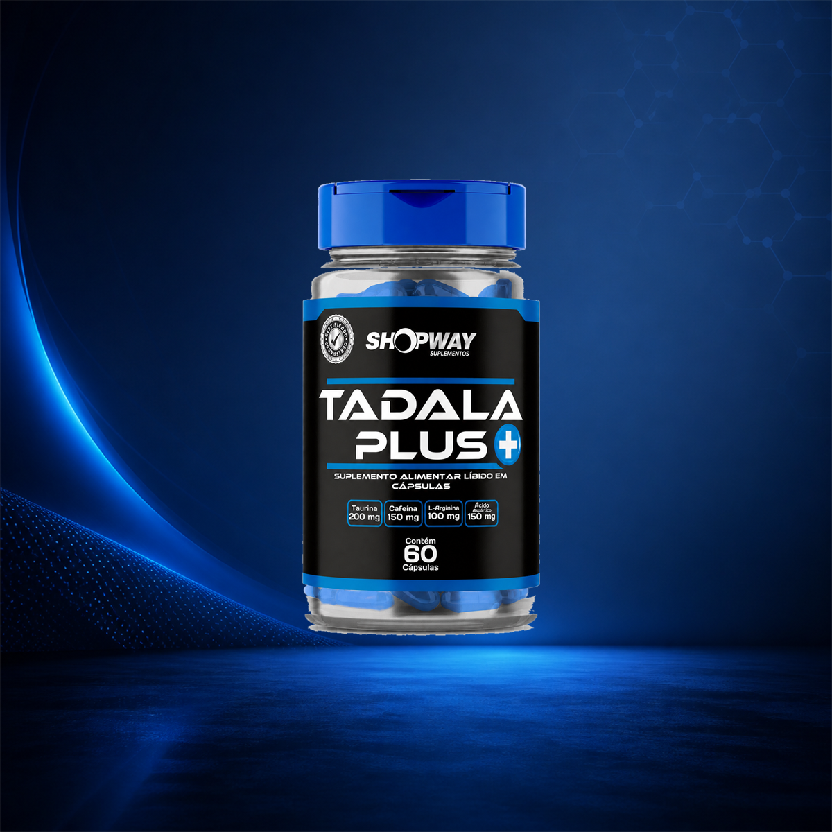 Frasco de Tadala Plus em composição visual azul
